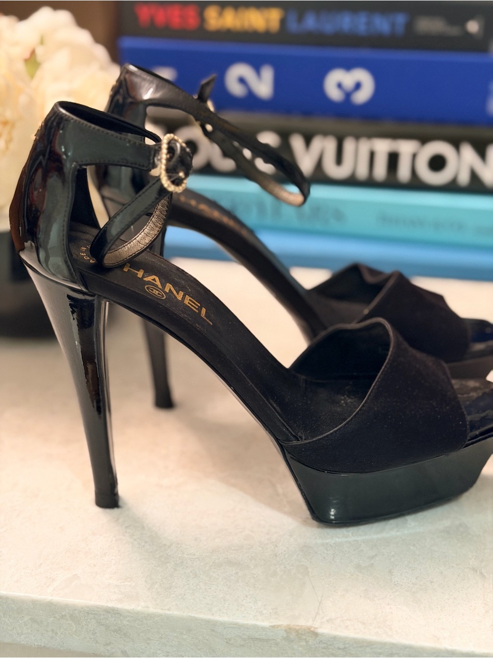CHANEL Black Satin Platform Ankle-Strap Pumps - Picture 7 of 7